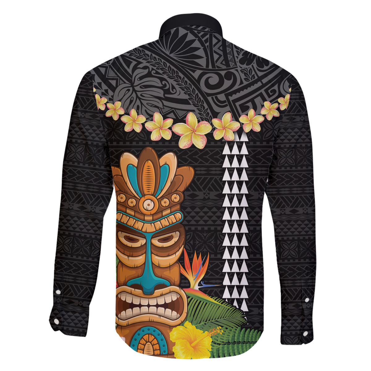 Hawaii Plumeria Lei Family Matching Short Sleeve Bodycon Dress and Hawaiian Shirt Tiki and Kakau Pattern Black Color LT03 - Polynesian Pride