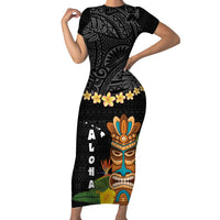 Hawaii Plumeria Lei Family Matching Short Sleeve Bodycon Dress and Hawaiian Shirt Tiki and Kakau Pattern Black Color LT03 Mom's Dress Black - Polynesian Pride