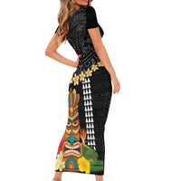 Hawaii Plumeria Lei Family Matching Short Sleeve Bodycon Dress and Hawaiian Shirt Tiki and Kakau Pattern Black Color LT03 - Polynesian Pride