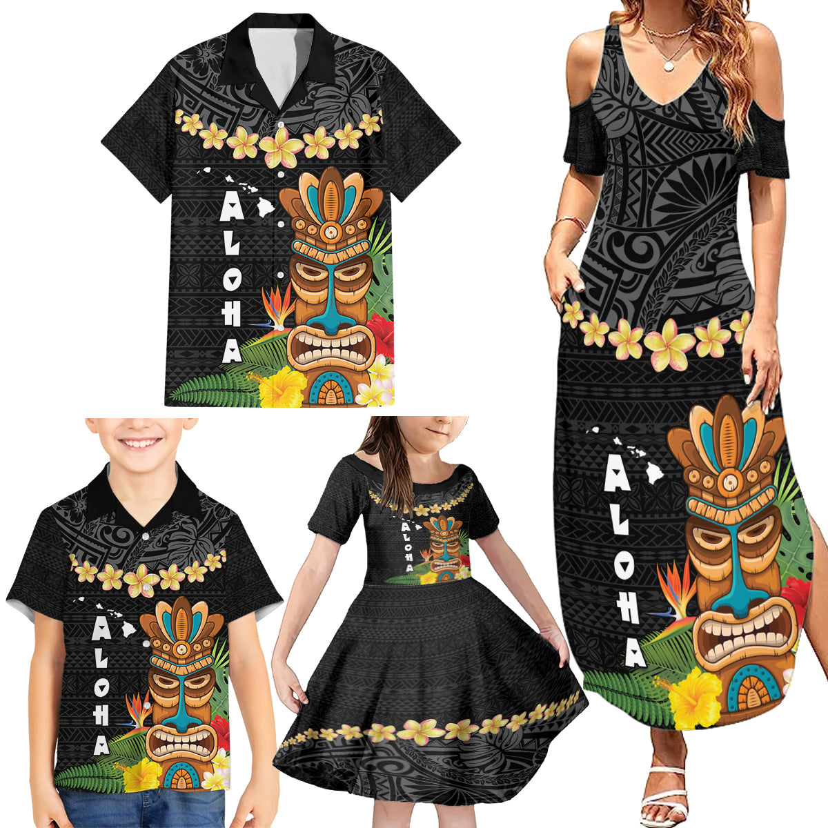 Hawaii Plumeria Lei Family Matching Summer Maxi Dress and Hawaiian Shirt Tiki and Kakau Pattern Black Color LT03 - Polynesian Pride
