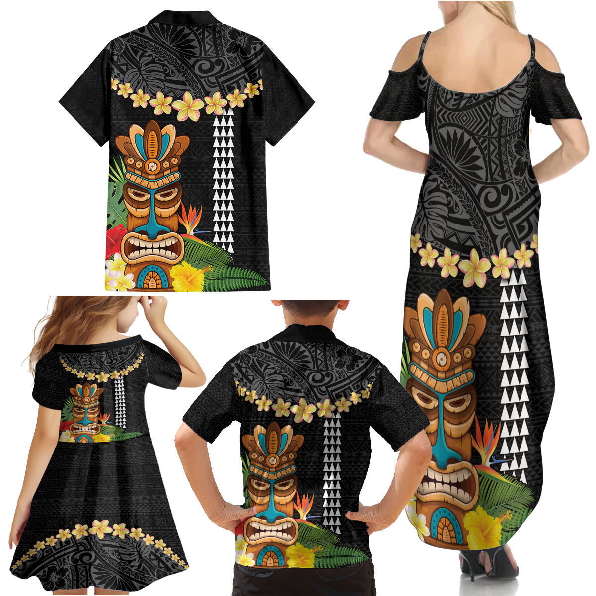 Hawaii Plumeria Lei Family Matching Summer Maxi Dress and Hawaiian Shirt Tiki and Kakau Pattern Black Color LT03 - Polynesian Pride