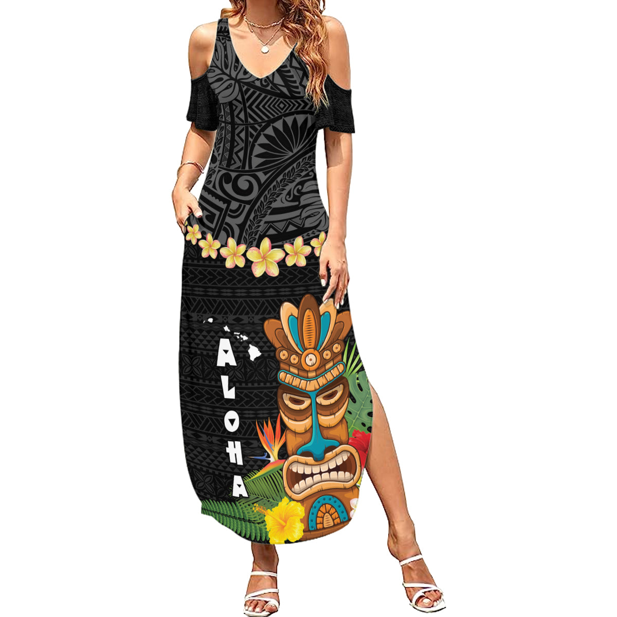 Hawaii Plumeria Lei Family Matching Summer Maxi Dress and Hawaiian Shirt Tiki and Kakau Pattern Black Color LT03 Mom's Dress Black - Polynesian Pride