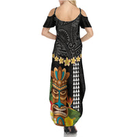 Hawaii Plumeria Lei Family Matching Summer Maxi Dress and Hawaiian Shirt Tiki and Kakau Pattern Black Color LT03 - Polynesian Pride
