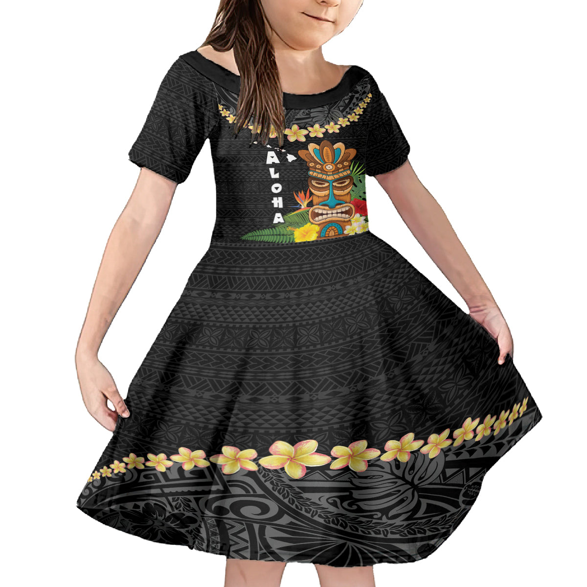 Hawaii Plumeria Lei Family Matching Tank Maxi Dress and Hawaiian Shirt Tiki and Kakau Pattern Black Color LT03 Daughter's Dress Black - Polynesian Pride