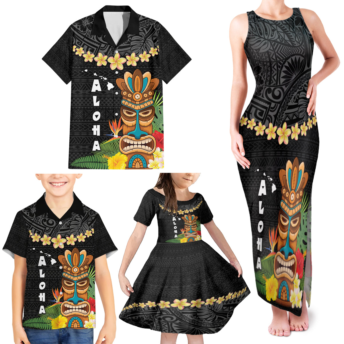 Hawaii Plumeria Lei Family Matching Tank Maxi Dress and Hawaiian Shirt Tiki and Kakau Pattern Black Color LT03 - Polynesian Pride
