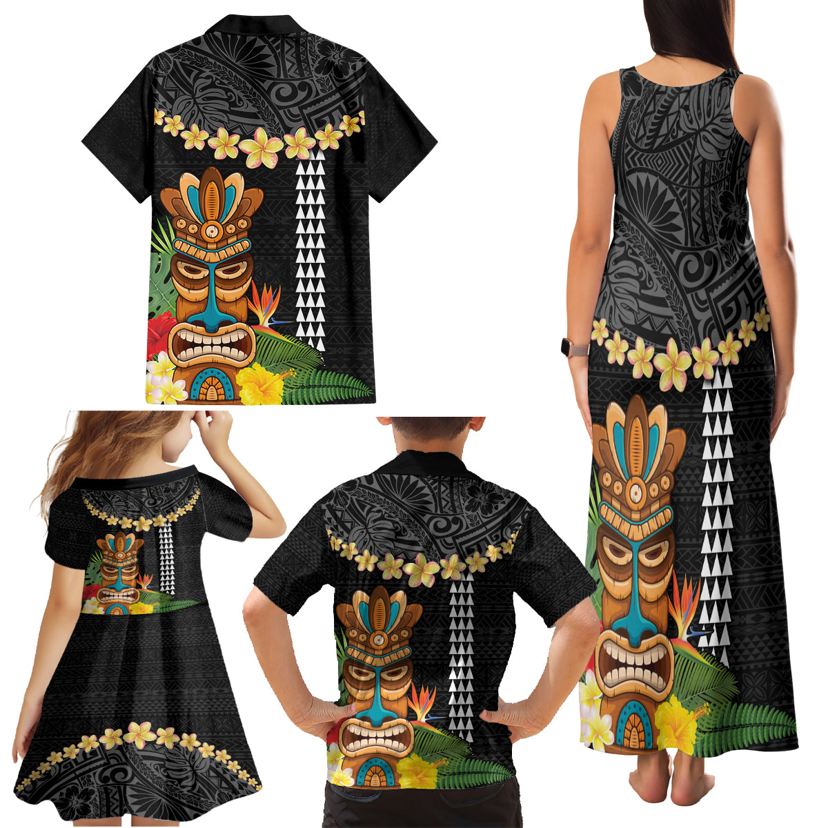 Hawaii Plumeria Lei Family Matching Tank Maxi Dress and Hawaiian Shirt Tiki and Kakau Pattern Black Color LT03 - Polynesian Pride