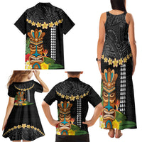 Hawaii Plumeria Lei Family Matching Tank Maxi Dress and Hawaiian Shirt Tiki and Kakau Pattern Black Color LT03 - Polynesian Pride