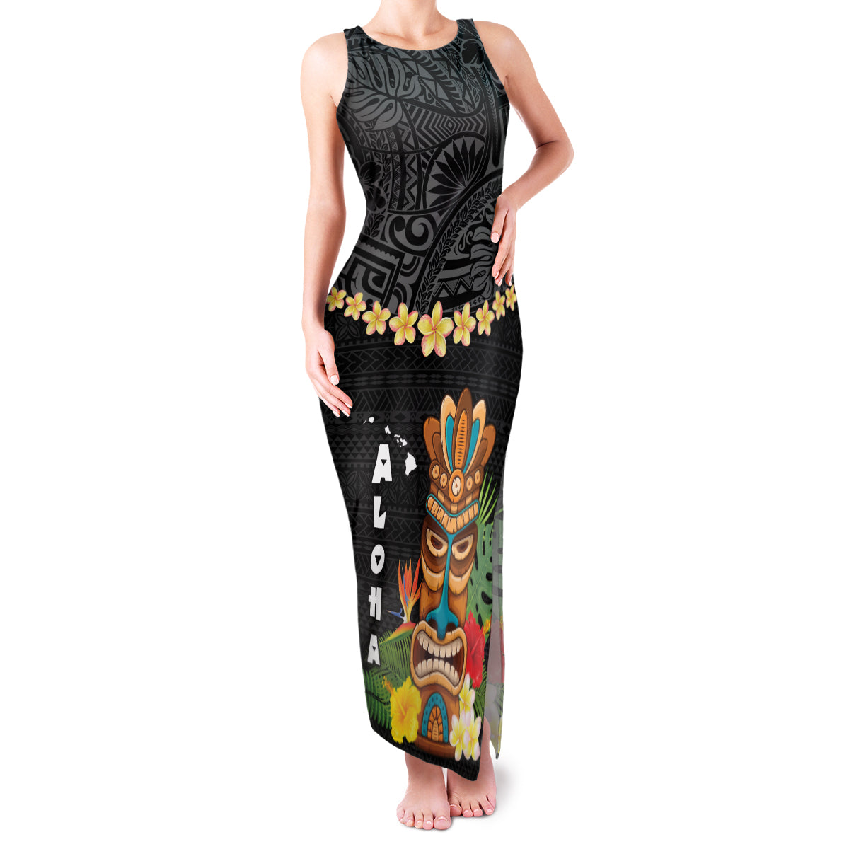 Hawaii Plumeria Lei Family Matching Tank Maxi Dress and Hawaiian Shirt Tiki and Kakau Pattern Black Color LT03 Mom's Dress Black - Polynesian Pride
