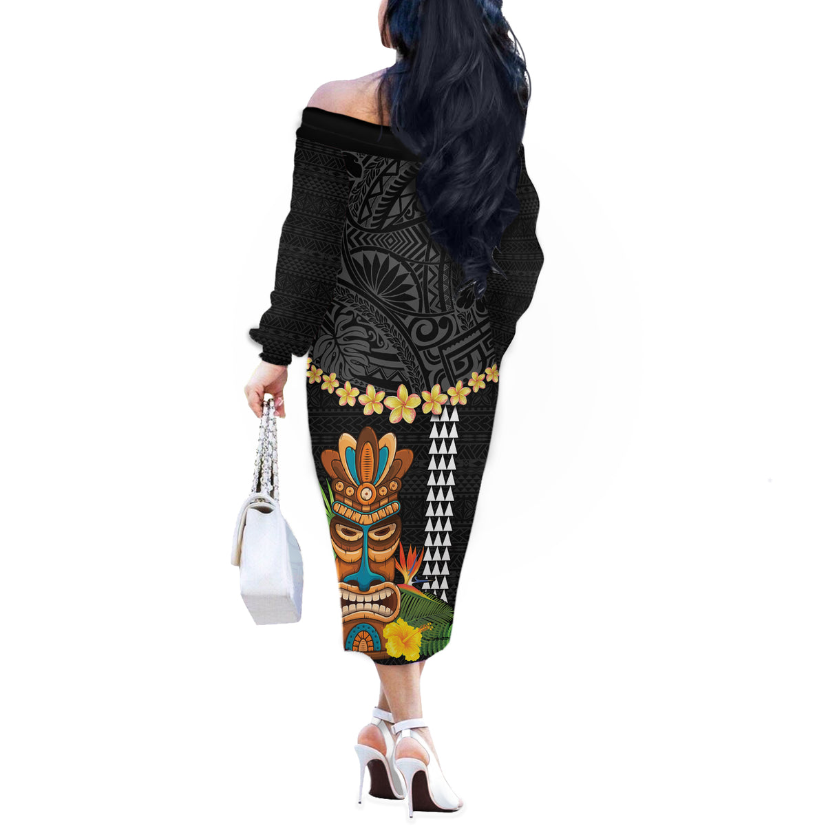 Hawaii Plumeria Lei Off The Shoulder Long Sleeve Dress Tiki and Kakau Pattern Black Color