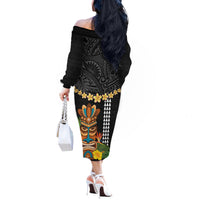 Hawaii Plumeria Lei Off The Shoulder Long Sleeve Dress Tiki and Kakau Pattern Black Color