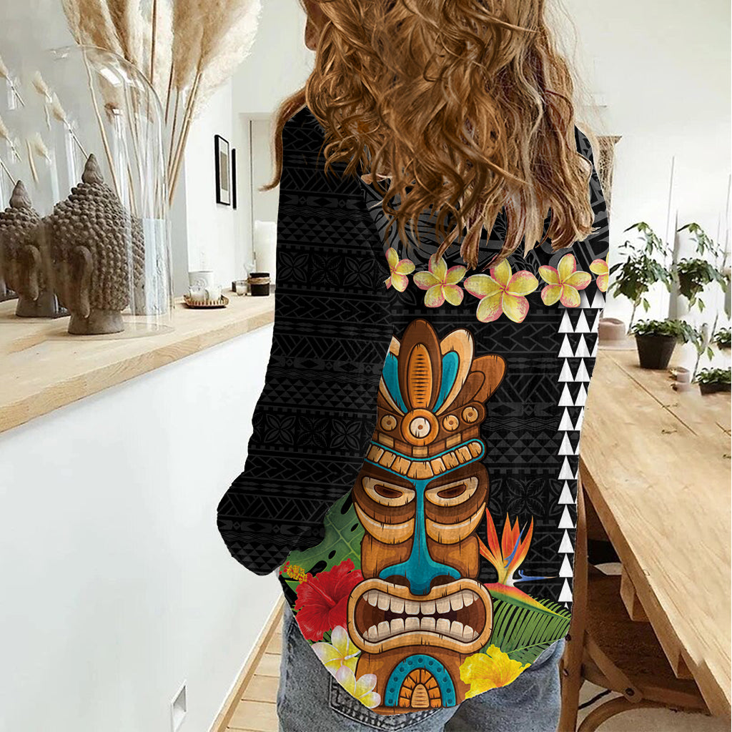Hawaii Plumeria Lei Women Casual Shirt Tiki and Kakau Pattern Black Color
