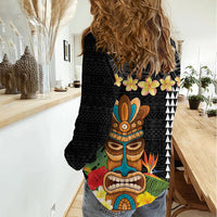 Hawaii Plumeria Lei Women Casual Shirt Tiki and Kakau Pattern Black Color