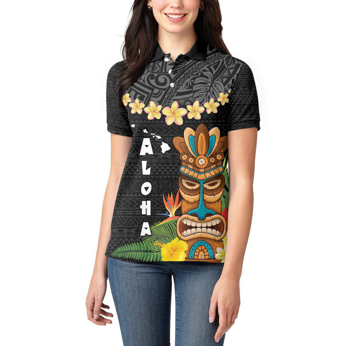 Hawaii Plumeria Lei Women Polo Shirt Tiki and Kakau Pattern Black Color