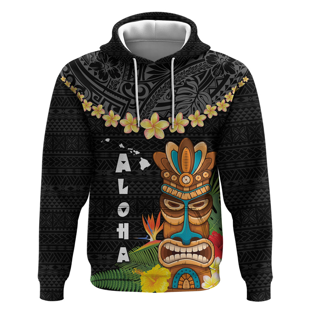 Hawaii Plumeria Lei Zip Hoodie Tiki and Kakau Pattern Black Color