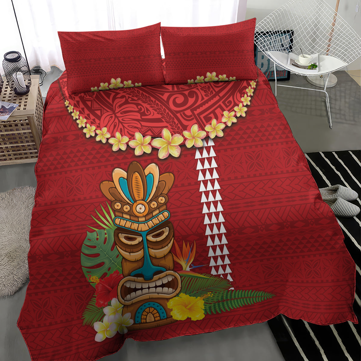 Hawaii Plumeria Lei Bedding Set Tiki and Kakau Pattern Red Color