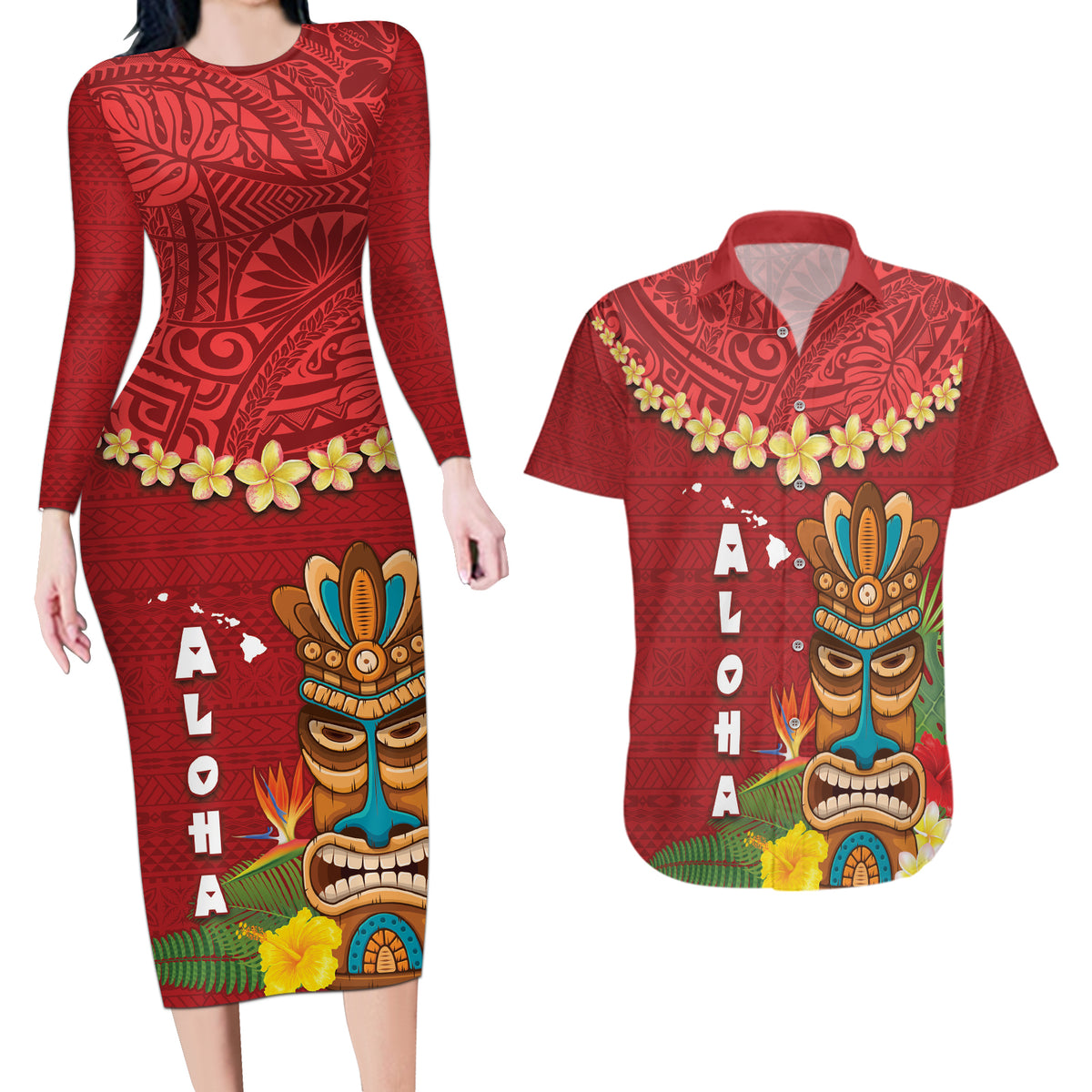 Hawaii Plumeria Lei Couples Matching Long Sleeve Bodycon Dress and Hawaiian Shirt Tiki and Kakau Pattern Red Color LT03 Red - Polynesian Pride