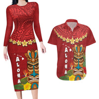 Hawaii Plumeria Lei Couples Matching Long Sleeve Bodycon Dress and Hawaiian Shirt Tiki and Kakau Pattern Red Color LT03 Red - Polynesian Pride