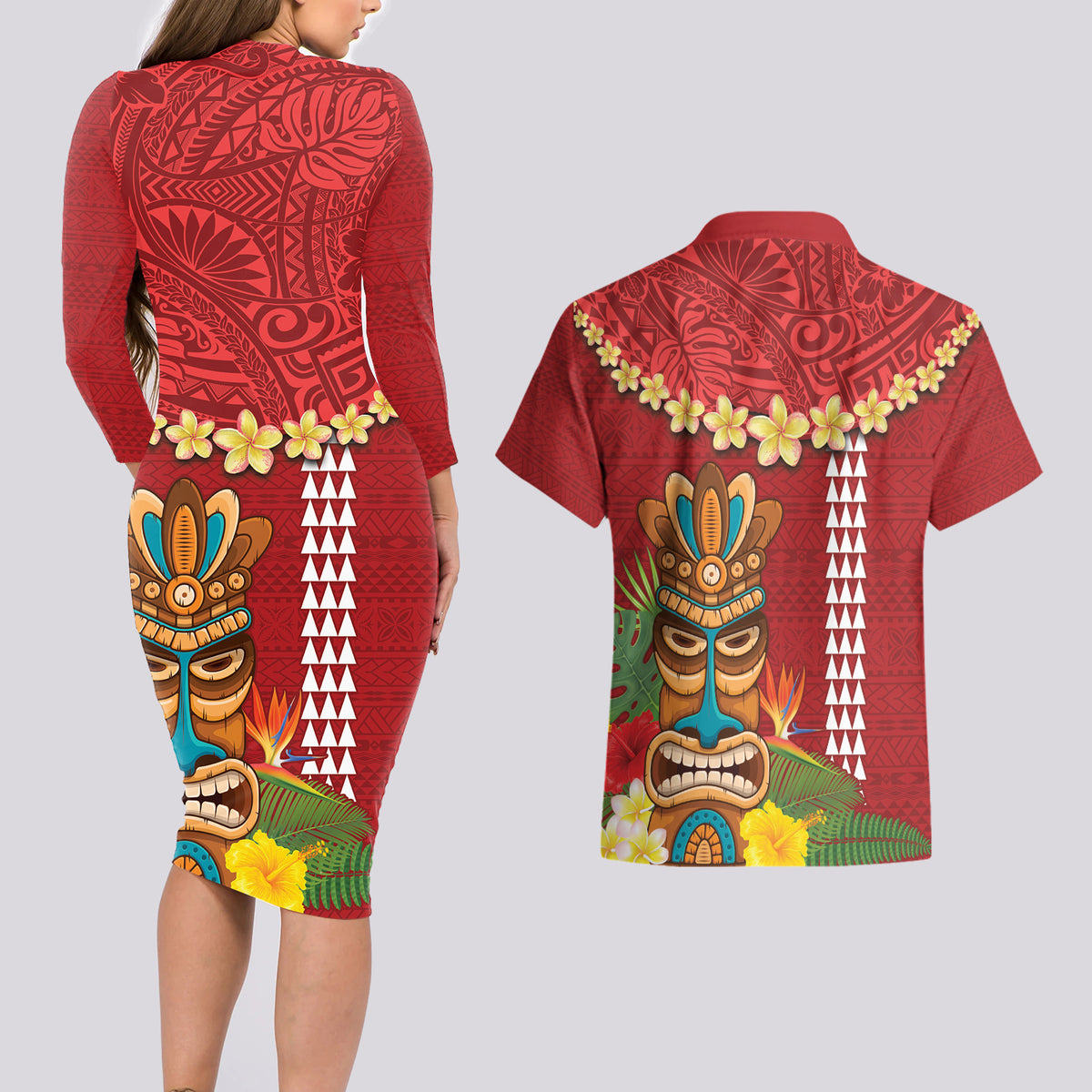 Hawaii Plumeria Lei Couples Matching Long Sleeve Bodycon Dress and Hawaiian Shirt Tiki and Kakau Pattern Red Color LT03 - Polynesian Pride