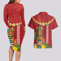 Hawaii Plumeria Lei Couples Matching Long Sleeve Bodycon Dress and Hawaiian Shirt Tiki and Kakau Pattern Red Color LT03 - Polynesian Pride