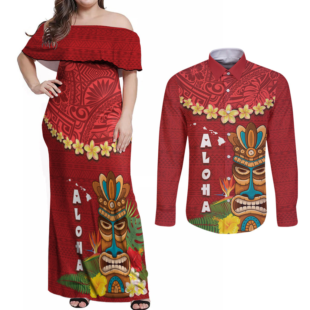 Hawaii Plumeria Lei Couples Matching Off Shoulder Maxi Dress and Long Sleeve Button Shirt Tiki and Kakau Pattern Red Color