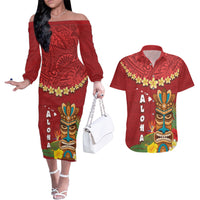 Hawaii Plumeria Lei Couples Matching Off The Shoulder Long Sleeve Dress and Hawaiian Shirt Tiki and Kakau Pattern Red Color LT03 Red - Polynesian Pride