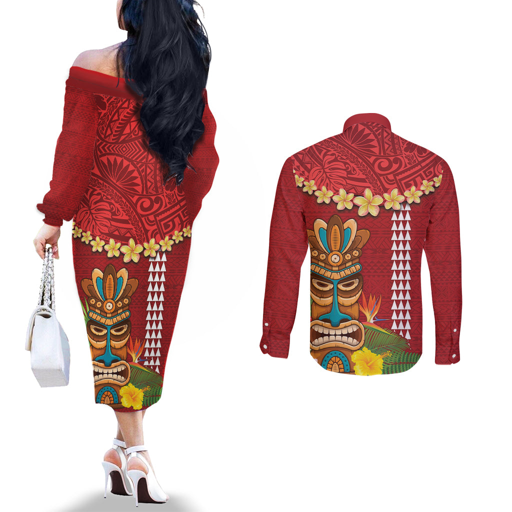 Hawaii Plumeria Lei Couples Matching Off The Shoulder Long Sleeve Dress and Long Sleeve Button Shirt Tiki and Kakau Pattern Red Color