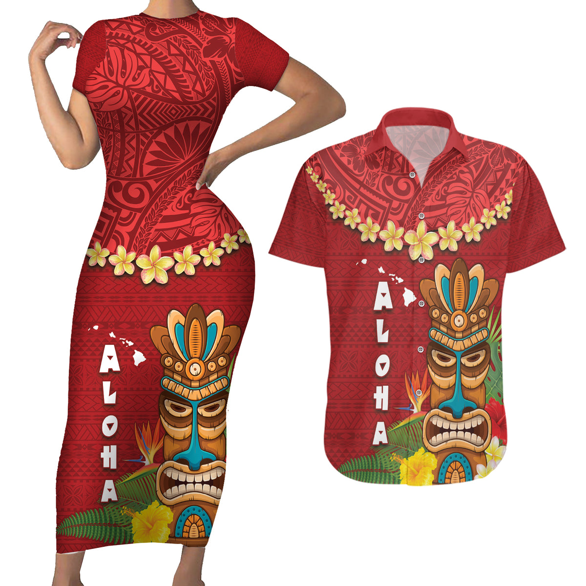 Hawaii Plumeria Lei Couples Matching Short Sleeve Bodycon Dress and Hawaiian Shirt Tiki and Kakau Pattern Red Color LT03 Red - Polynesian Pride