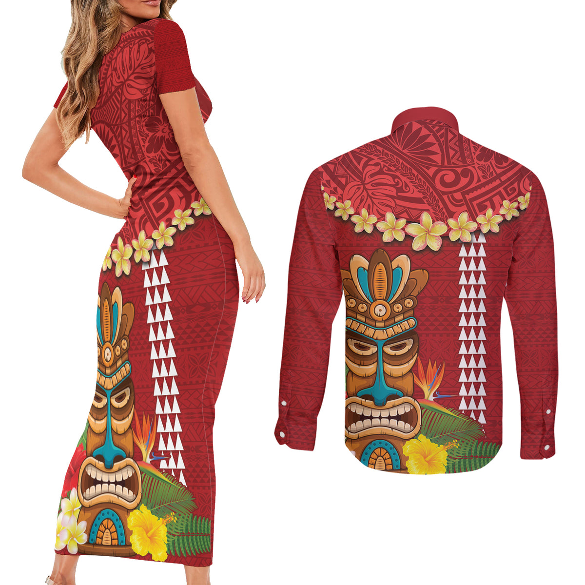 Hawaii Plumeria Lei Couples Matching Short Sleeve Bodycon Dress and Long Sleeve Button Shirt Tiki and Kakau Pattern Red Color