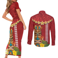 Hawaii Plumeria Lei Couples Matching Short Sleeve Bodycon Dress and Long Sleeve Button Shirt Tiki and Kakau Pattern Red Color