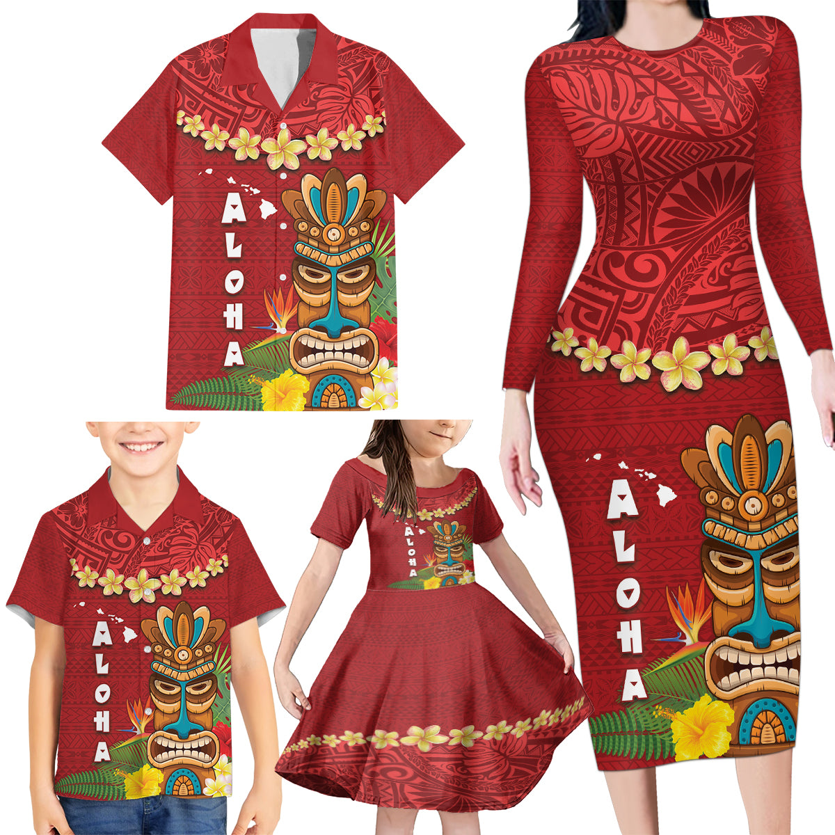 Hawaii Plumeria Lei Family Matching Long Sleeve Bodycon Dress and Hawaiian Shirt Tiki and Kakau Pattern Red Color LT03 - Polynesian Pride