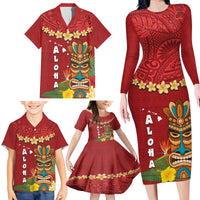 Hawaii Plumeria Lei Family Matching Long Sleeve Bodycon Dress and Hawaiian Shirt Tiki and Kakau Pattern Red Color LT03 - Polynesian Pride