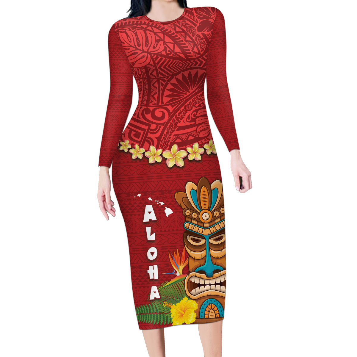 Hawaii Plumeria Lei Family Matching Long Sleeve Bodycon Dress and Hawaiian Shirt Tiki and Kakau Pattern Red Color LT03 Mom's Dress Red - Polynesian Pride