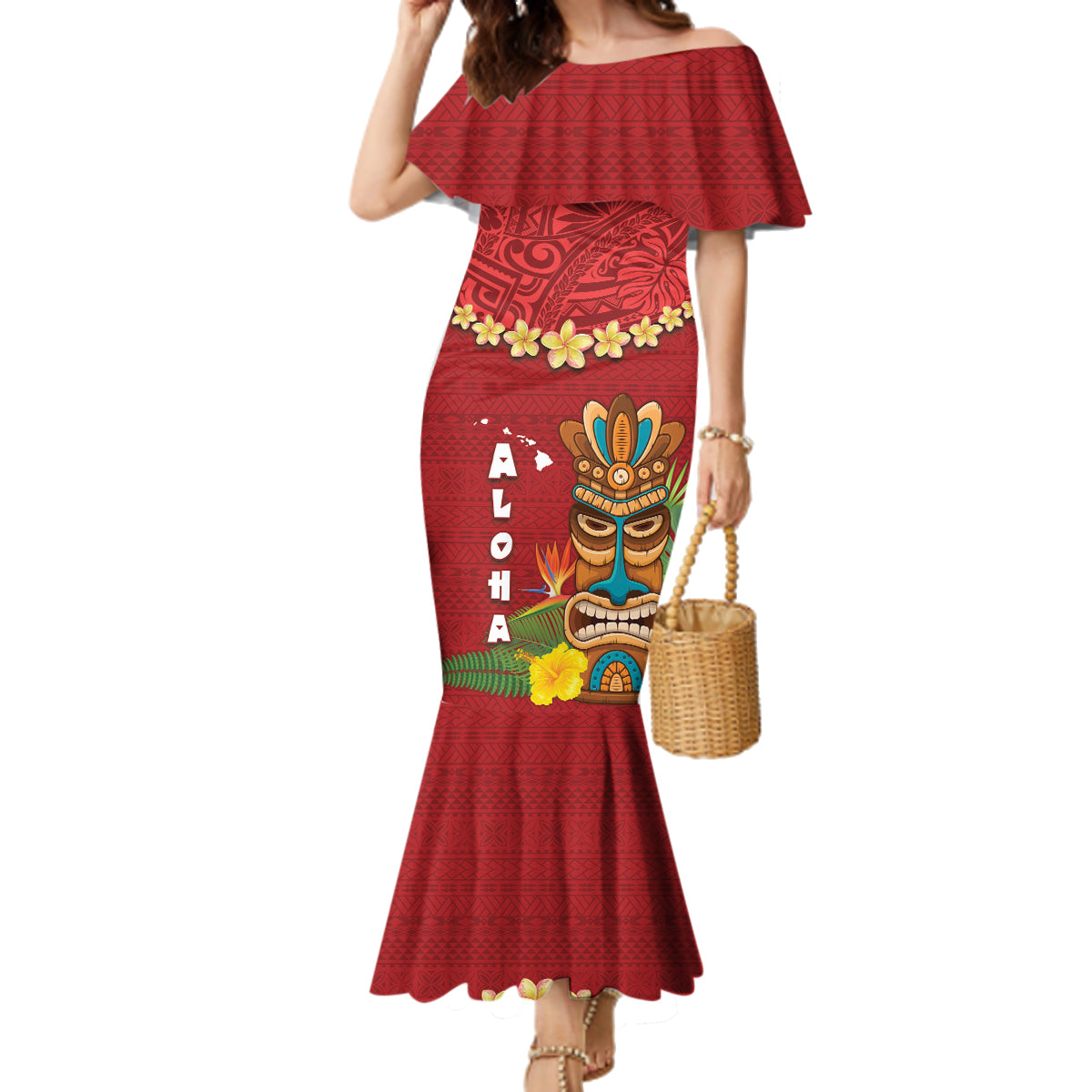 Hawaii Plumeria Lei Family Matching Mermaid Dress and Hawaiian Shirt Tiki and Kakau Pattern Red Color LT03 Mom's Dress Red - Polynesian Pride