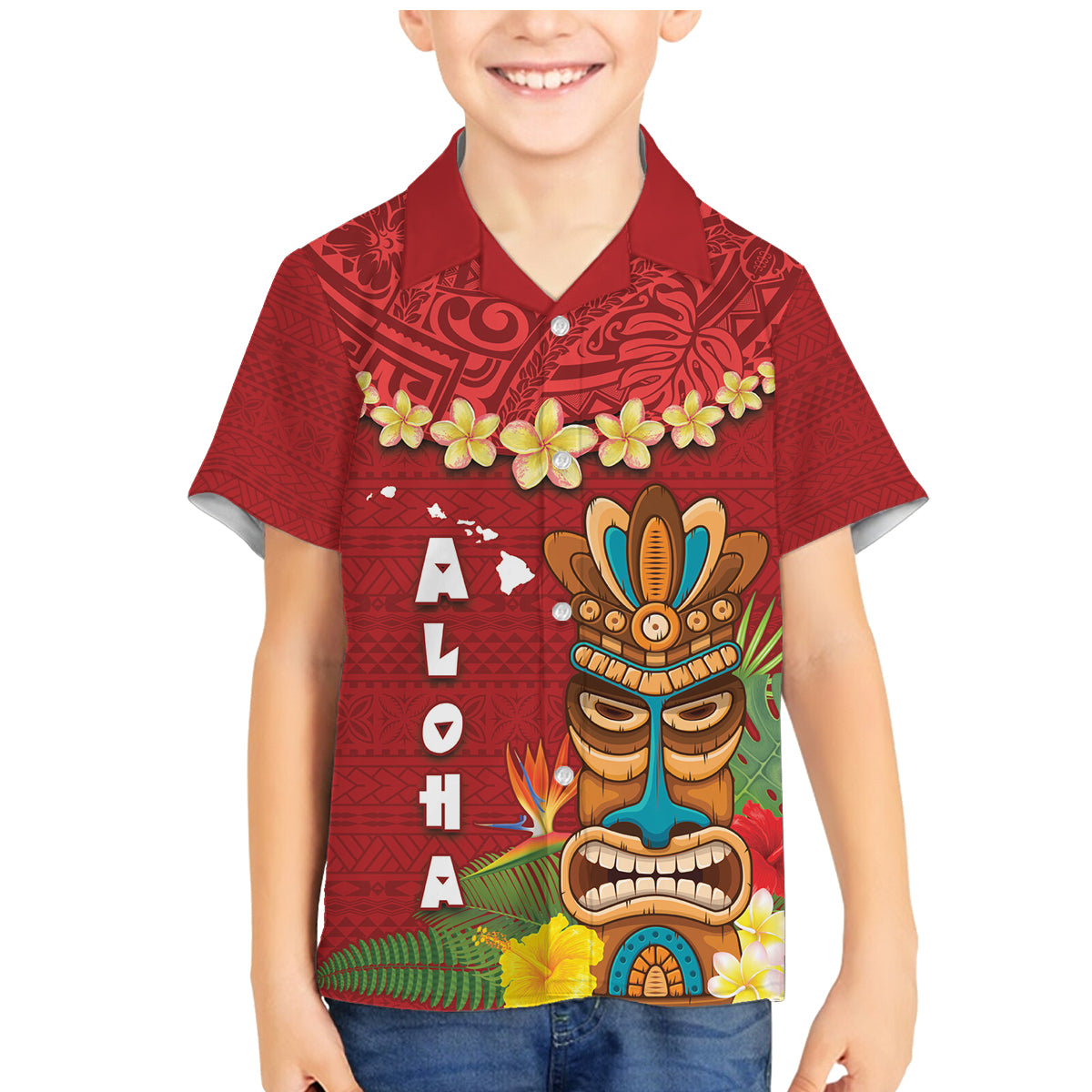 Hawaii Plumeria Lei Family Matching Mermaid Dress and Hawaiian Shirt Tiki and Kakau Pattern Red Color LT03 Son's Shirt Red - Polynesian Pride