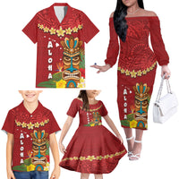 Hawaii Plumeria Lei Family Matching Off The Shoulder Long Sleeve Dress and Hawaiian Shirt Tiki and Kakau Pattern Red Color LT03 - Polynesian Pride