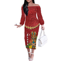 Hawaii Plumeria Lei Family Matching Off The Shoulder Long Sleeve Dress and Hawaiian Shirt Tiki and Kakau Pattern Red Color LT03 Mom's Dress Red - Polynesian Pride
