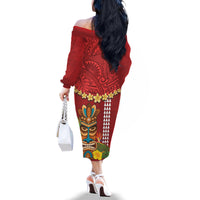 Hawaii Plumeria Lei Family Matching Off The Shoulder Long Sleeve Dress and Hawaiian Shirt Tiki and Kakau Pattern Red Color LT03 - Polynesian Pride