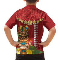 Hawaii Plumeria Lei Family Matching Off Shoulder Maxi Dress and Hawaiian Shirt Tiki and Kakau Pattern Red Color LT03 - Polynesian Pride