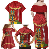 Hawaii Plumeria Lei Family Matching Off Shoulder Maxi Dress and Hawaiian Shirt Tiki and Kakau Pattern Red Color LT03 - Polynesian Pride