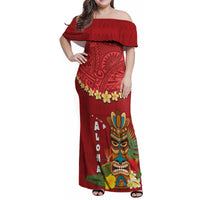 Hawaii Plumeria Lei Family Matching Off Shoulder Maxi Dress and Hawaiian Shirt Tiki and Kakau Pattern Red Color LT03 Mom's Dress Red - Polynesian Pride