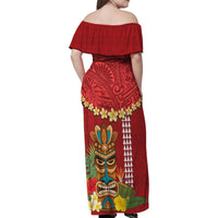 Hawaii Plumeria Lei Family Matching Off Shoulder Maxi Dress and Hawaiian Shirt Tiki and Kakau Pattern Red Color LT03 - Polynesian Pride