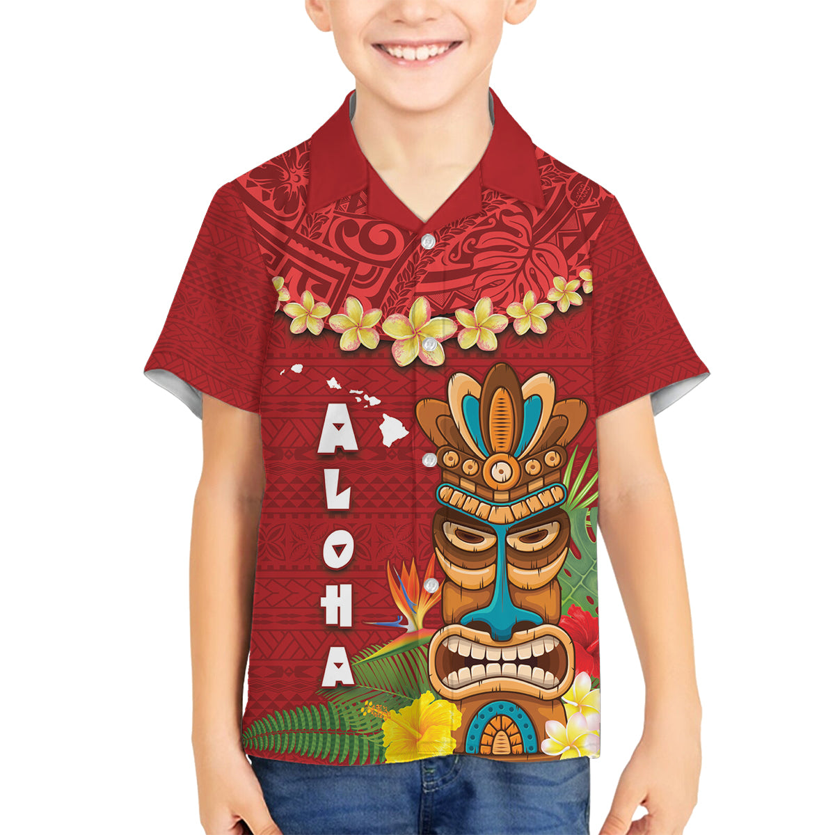 Hawaii Plumeria Lei Family Matching Off Shoulder Maxi Dress and Hawaiian Shirt Tiki and Kakau Pattern Red Color LT03 Son's Shirt Red - Polynesian Pride