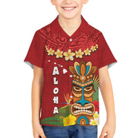 Hawaii Plumeria Lei Family Matching Off Shoulder Maxi Dress and Hawaiian Shirt Tiki and Kakau Pattern Red Color LT03 Son's Shirt Red - Polynesian Pride