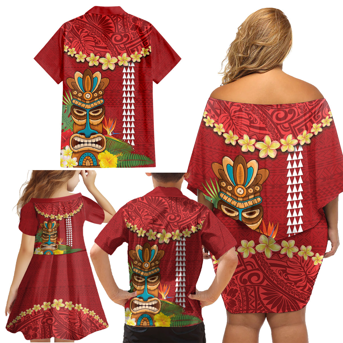 Hawaii Plumeria Lei Family Matching Off Shoulder Short Dress and Hawaiian Shirt Tiki and Kakau Pattern Red Color LT03 - Polynesian Pride
