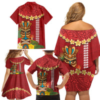 Hawaii Plumeria Lei Family Matching Off Shoulder Short Dress and Hawaiian Shirt Tiki and Kakau Pattern Red Color LT03 - Polynesian Pride