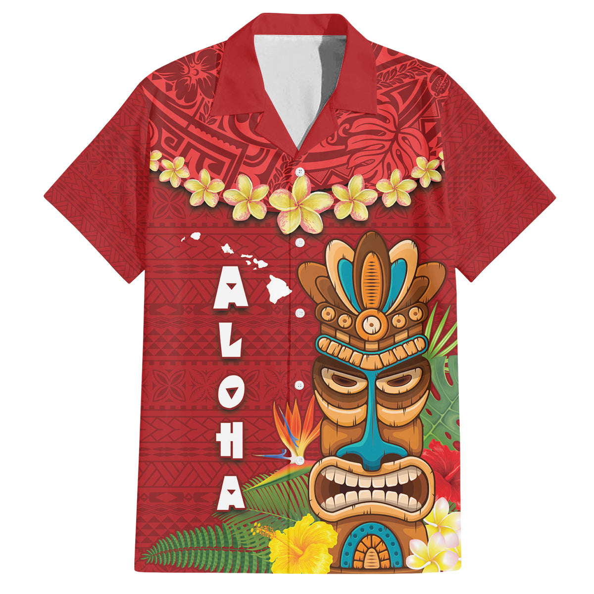 Hawaii Plumeria Lei Family Matching Off Shoulder Short Dress and Hawaiian Shirt Tiki and Kakau Pattern Red Color LT03 Dad's Shirt - Short Sleeve Red - Polynesian Pride