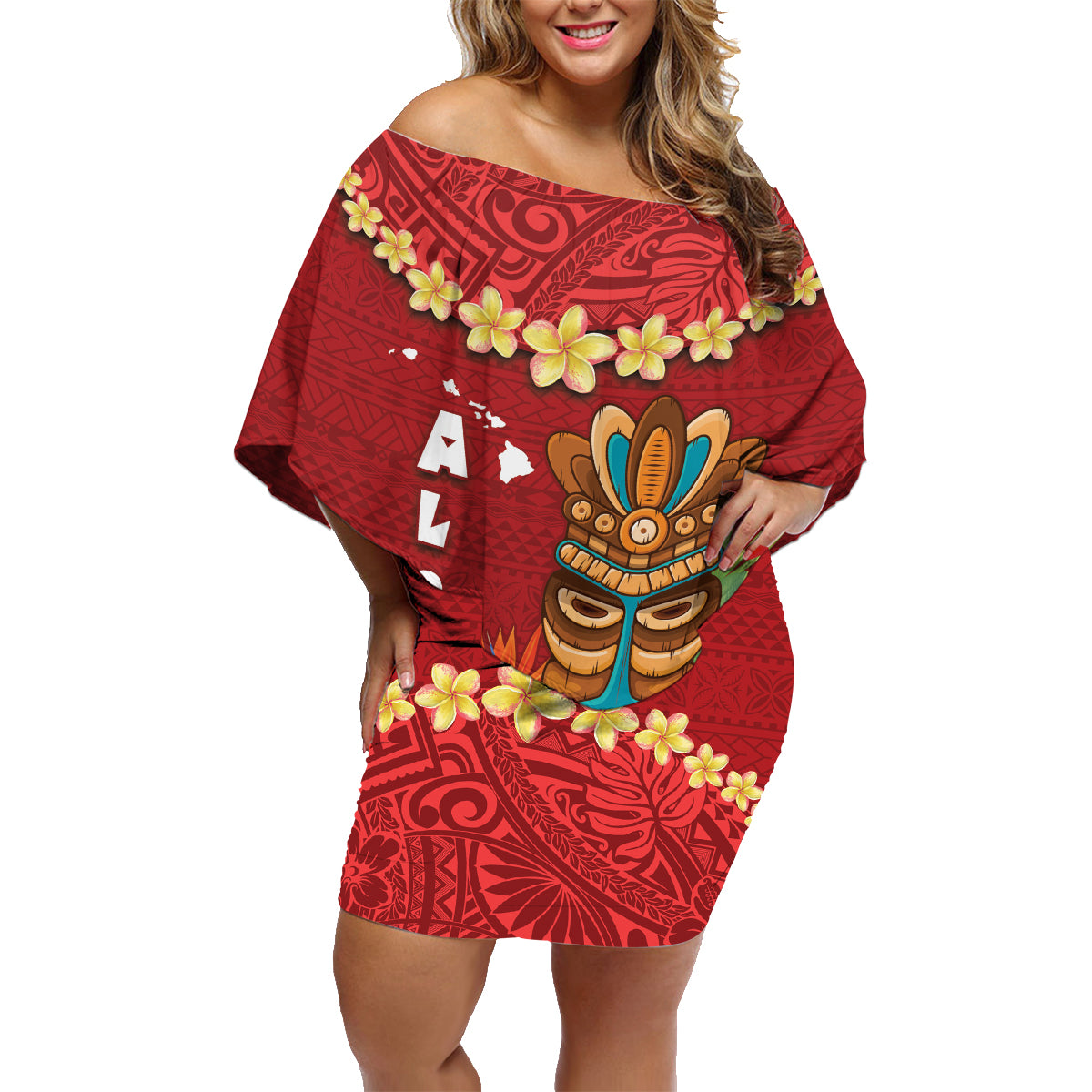 Hawaii Plumeria Lei Family Matching Off Shoulder Short Dress and Hawaiian Shirt Tiki and Kakau Pattern Red Color LT03 Mom's Dress Red - Polynesian Pride