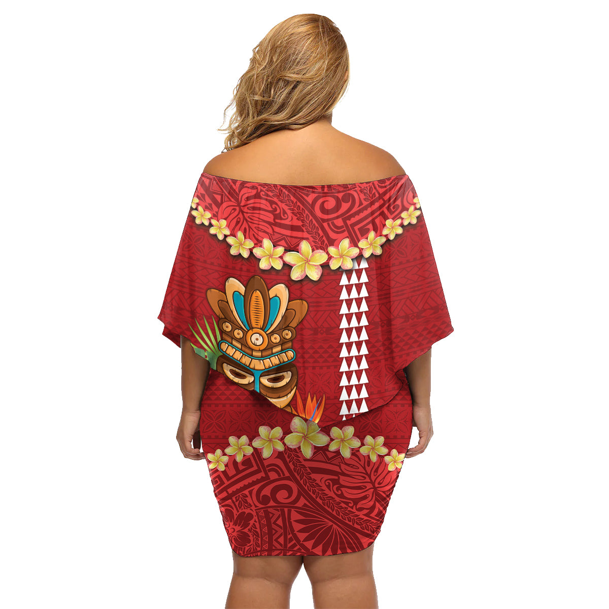 Hawaii Plumeria Lei Family Matching Off Shoulder Short Dress and Hawaiian Shirt Tiki and Kakau Pattern Red Color LT03 - Polynesian Pride