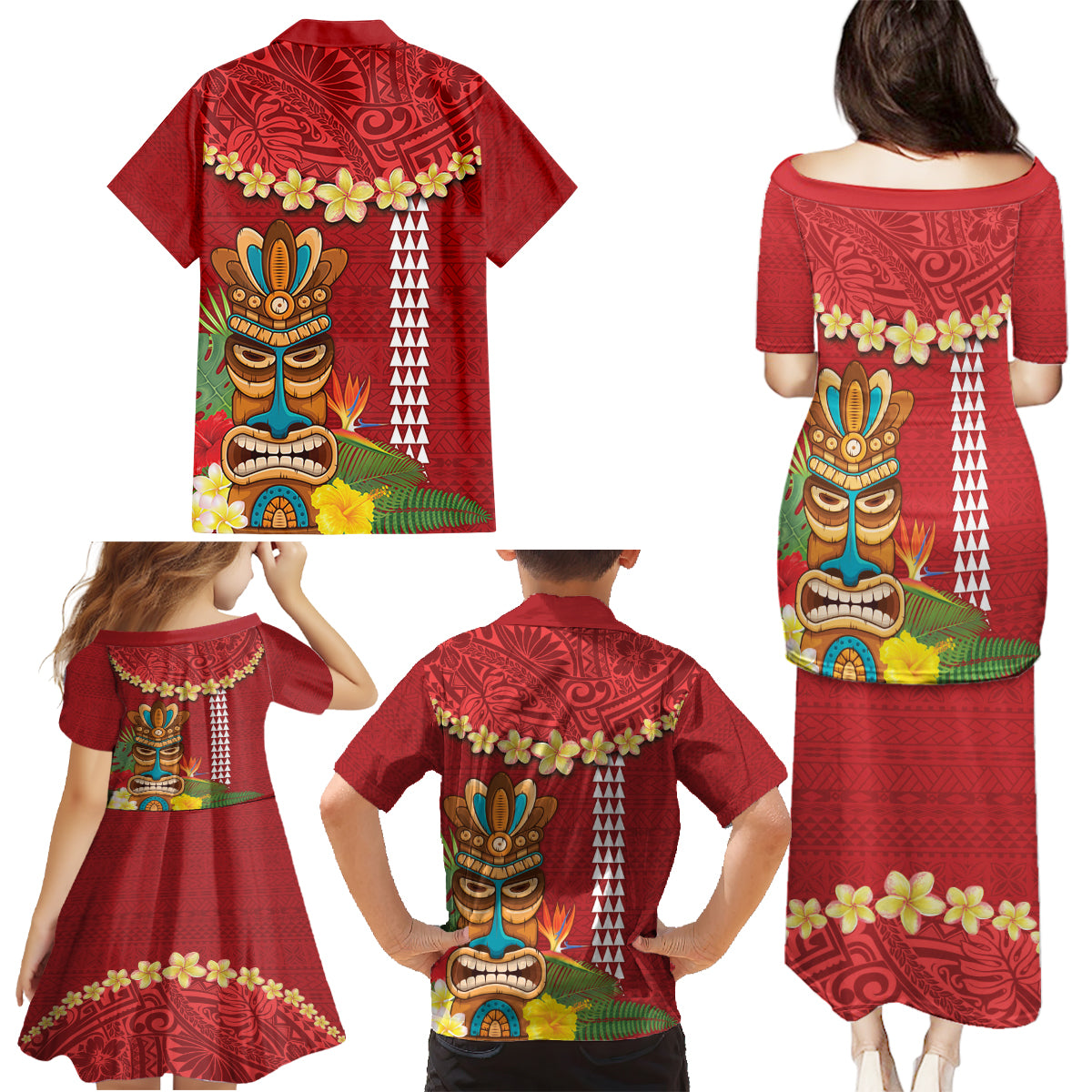 Hawaii Plumeria Lei Family Matching Puletasi and Hawaiian Shirt Tiki and Kakau Pattern Red Color LT03 - Polynesian Pride