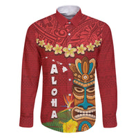 Hawaii Plumeria Lei Family Matching Puletasi and Hawaiian Shirt Tiki and Kakau Pattern Red Color LT03 Dad's Shirt - Long Sleeve Red - Polynesian Pride